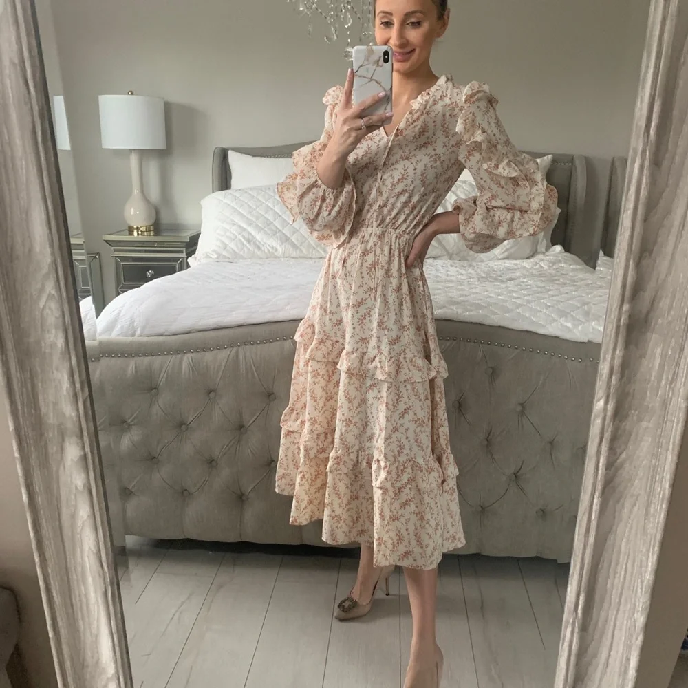 Shop Red Dress Aura Floral Ruffle Midi Dress - Picture 4 of 13